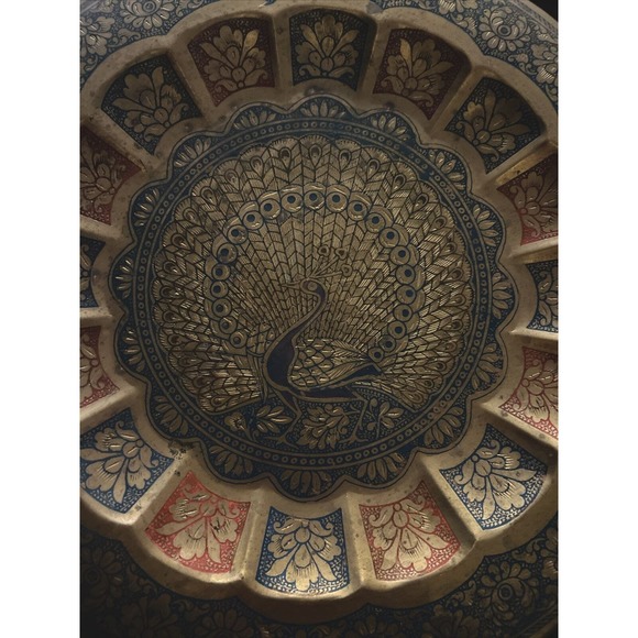 Vintage Brass Peacock Plate Metal Tray Enameled Etched Wall Hanging Decorative - Picture 5 of 11